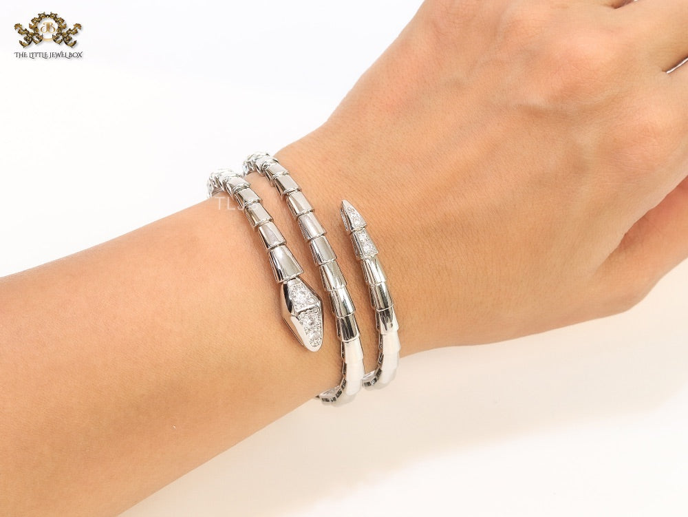 Platinum triple layered snake bracelet with cz