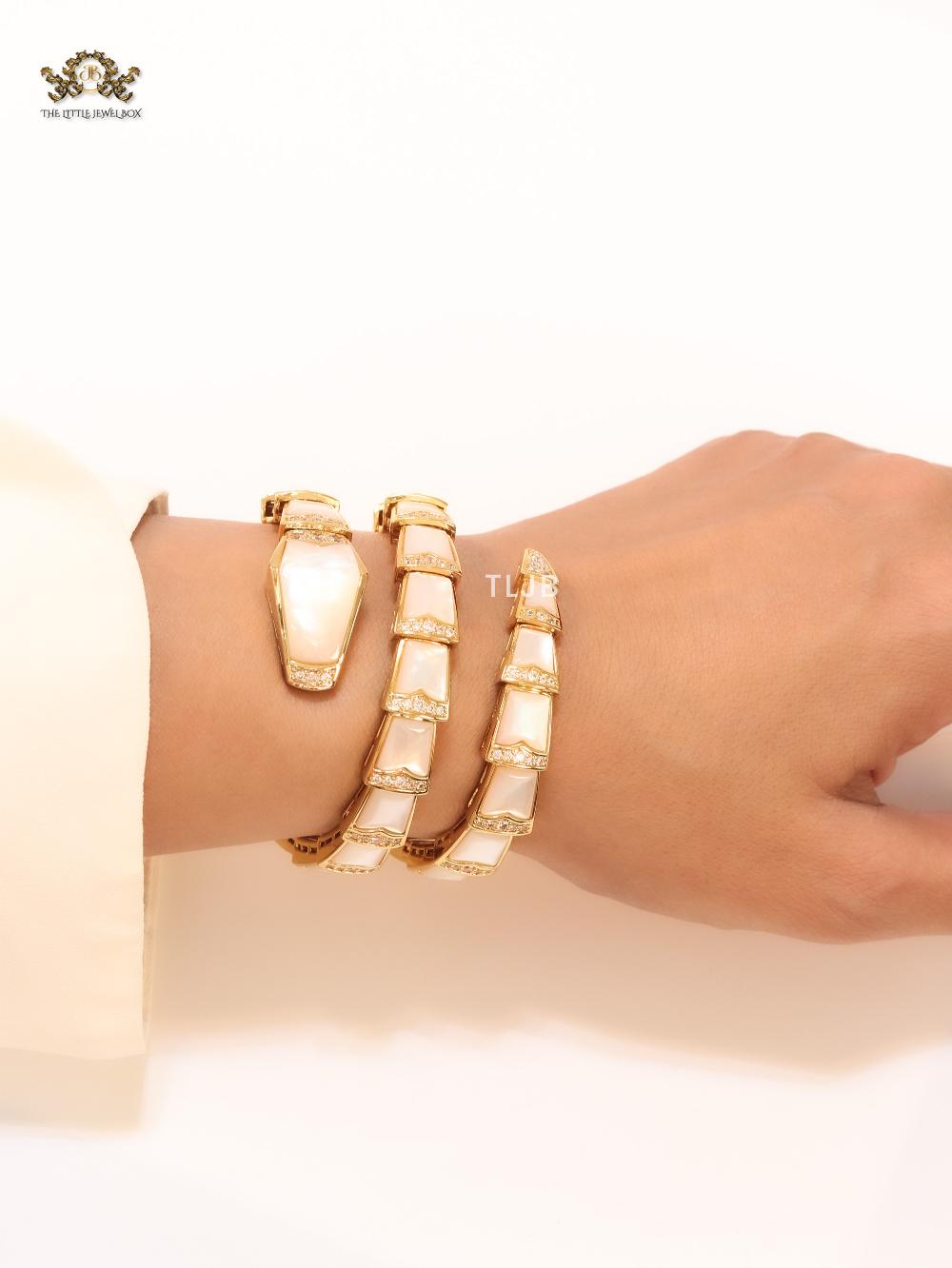 snake white and gold cz 3 layer bracelet