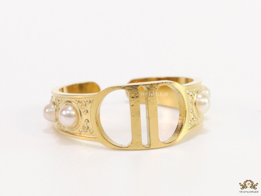 Golden alphabet open ring with pearls