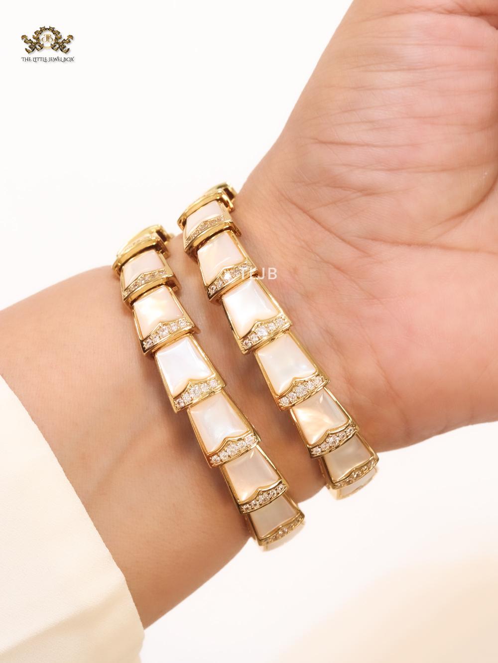 snake white and gold cz 3 layer bracelet