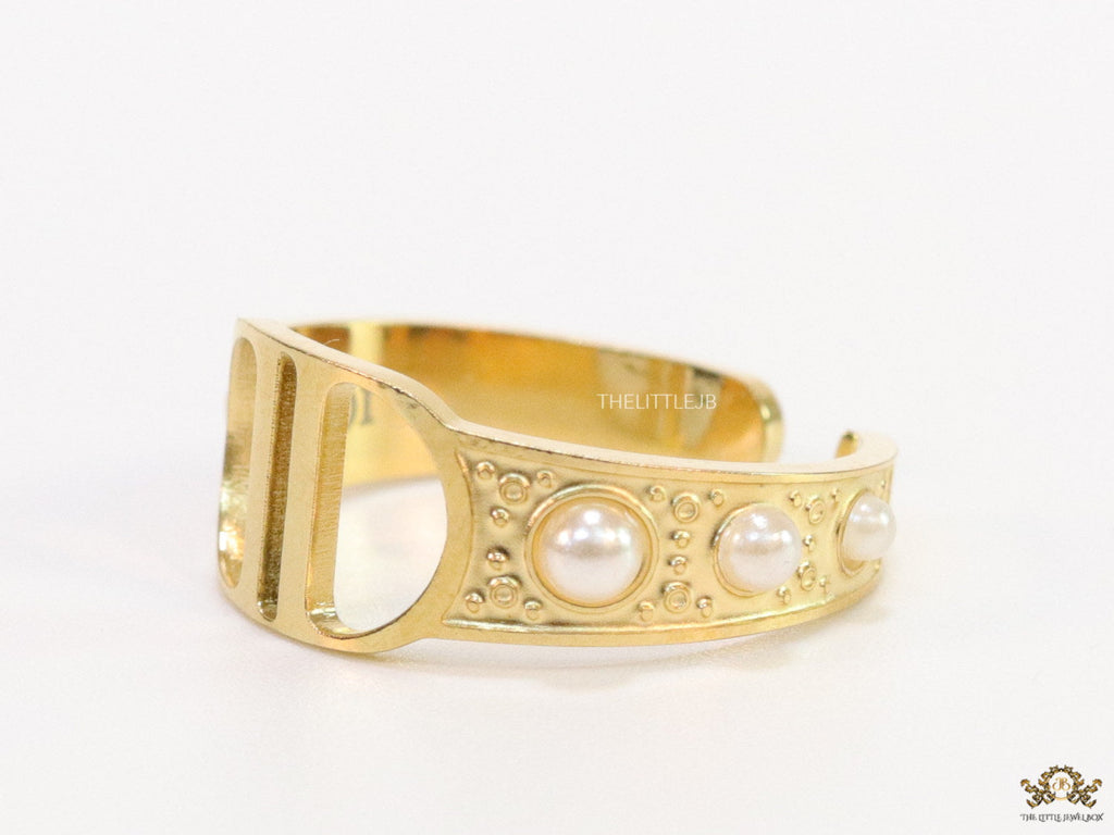 Golden alphabet open ring with pearls