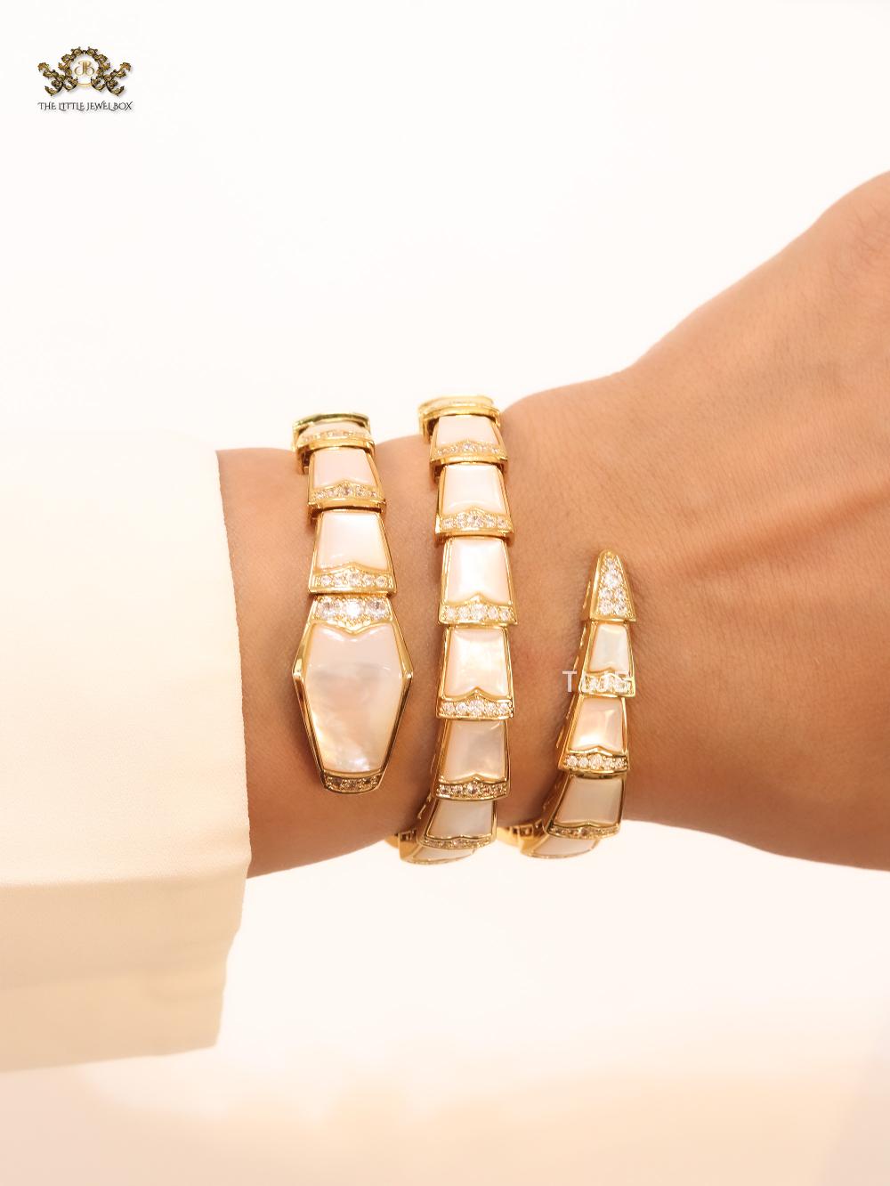snake white and gold cz 3 layer bracelet