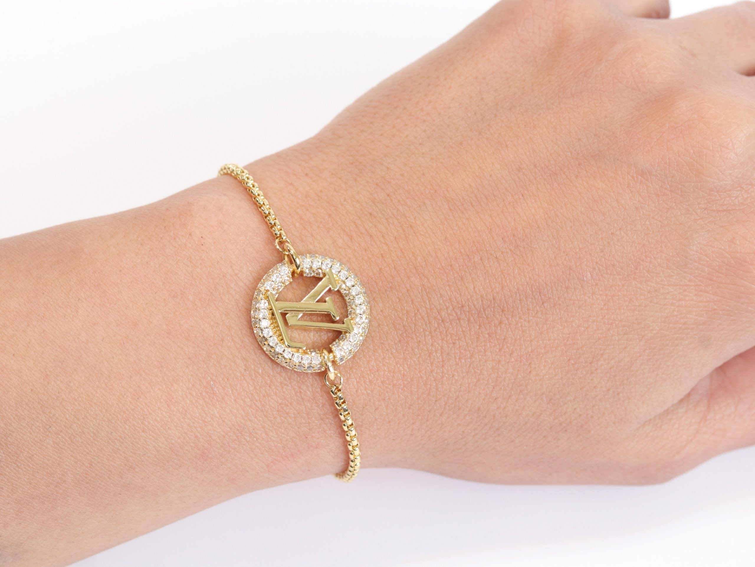 Alphabet L & V cz gold bracelet