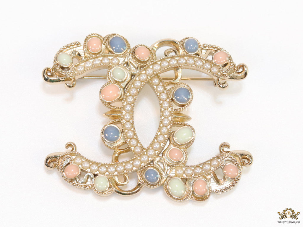 Double C motif Multicoloured cz and pearl brooch