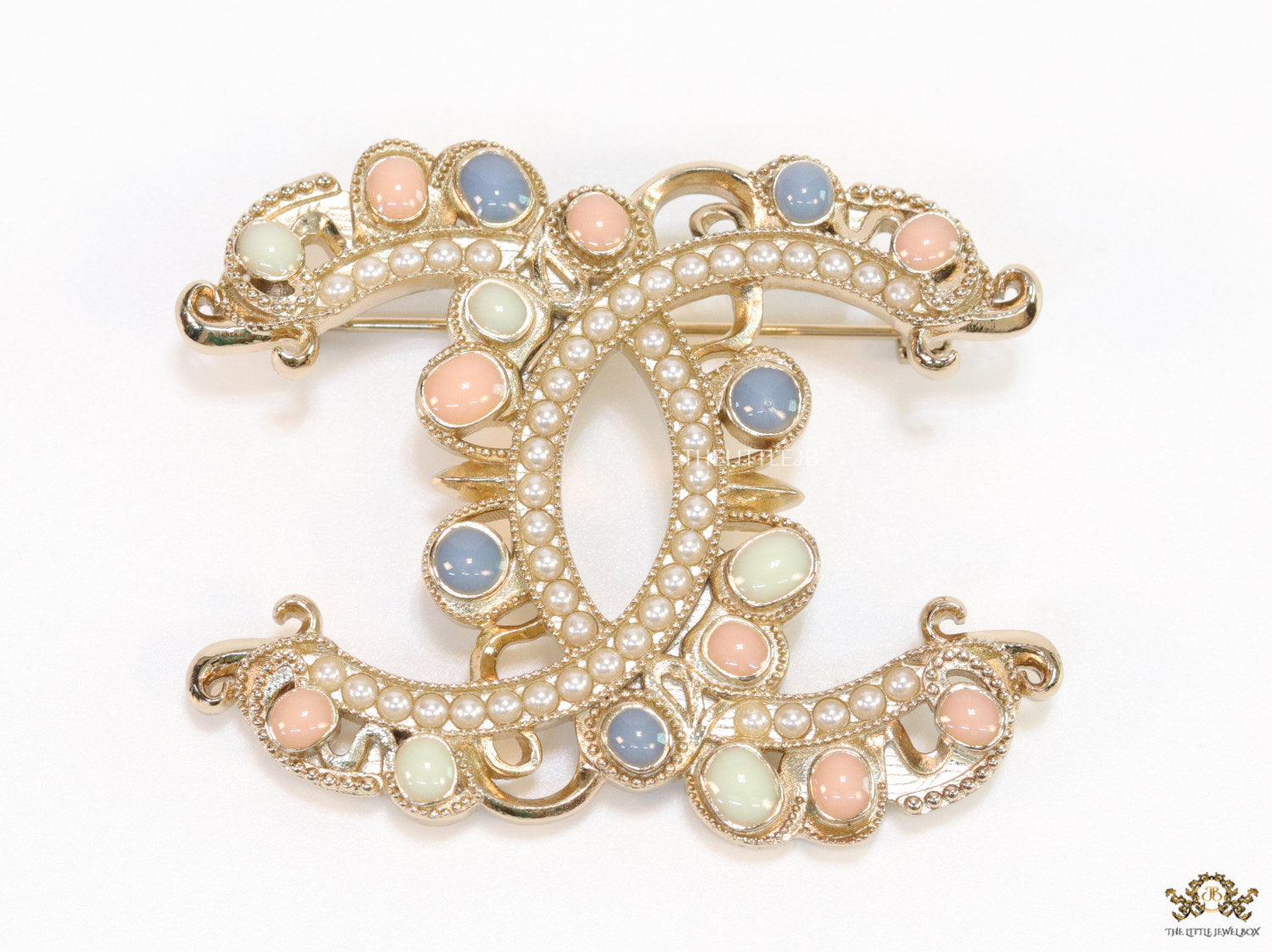 Double C motif Multicoloured cz and pearl brooch