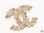 Double C motif Multicoloured cz and pearl brooch