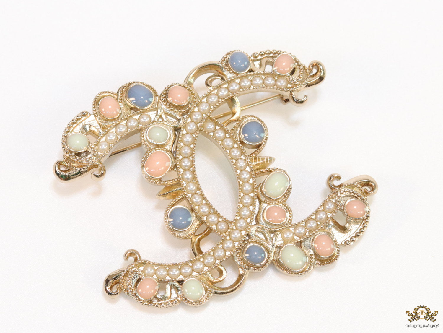 Double C motif Multicoloured cz and pearl brooch
