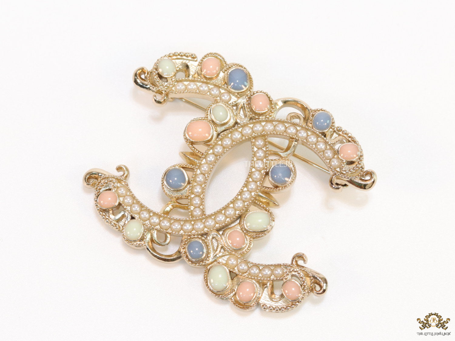 Double C motif Multicoloured cz and pearl brooch