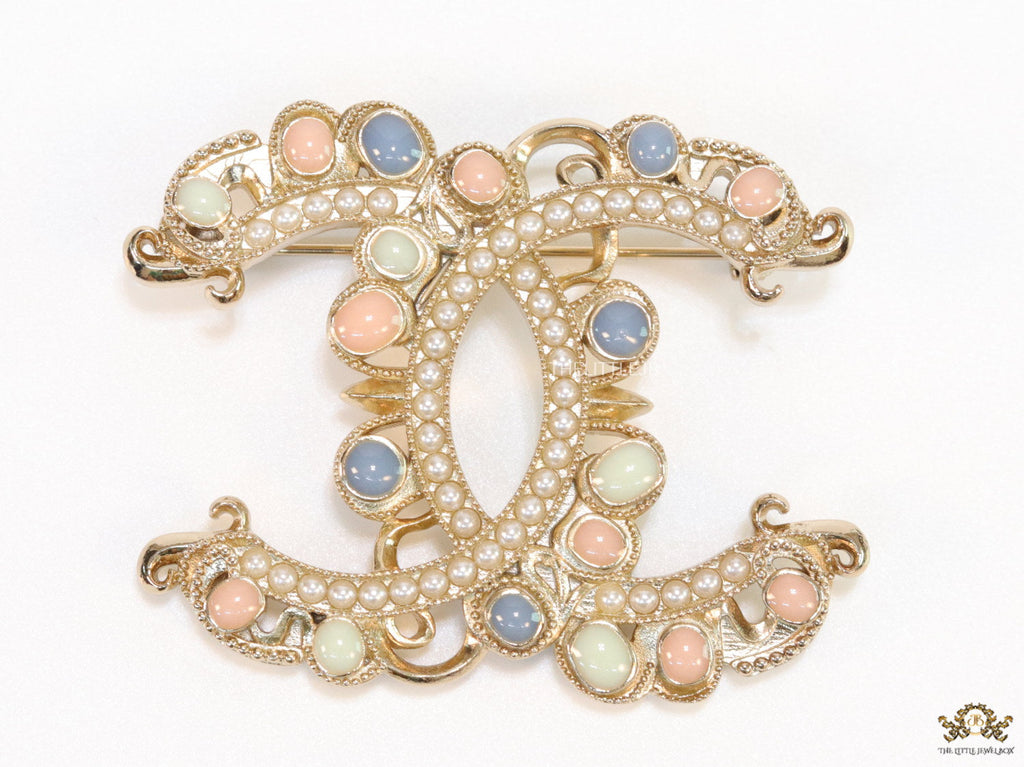 Double C motif Multicoloured cz and pearl brooch