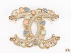 Double C motif Multicoloured cz and pearl brooch