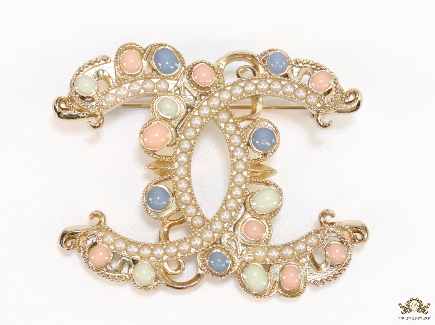 Double C motif Multicoloured cz and pearl brooch