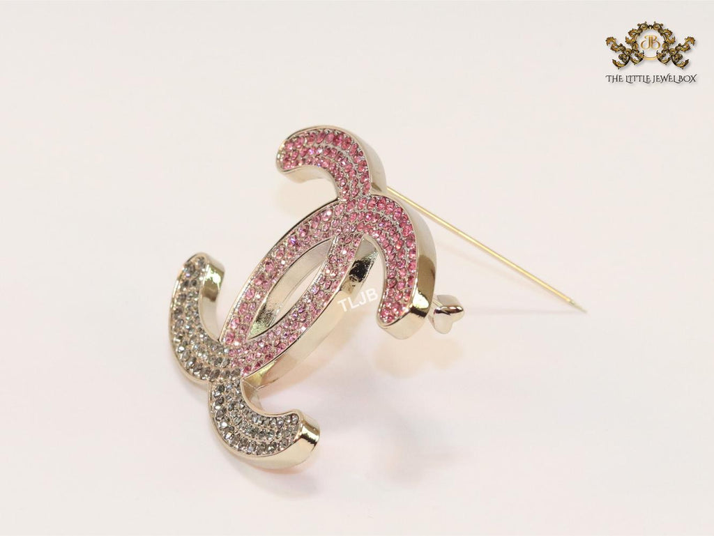 Double C green and pink stone brooch