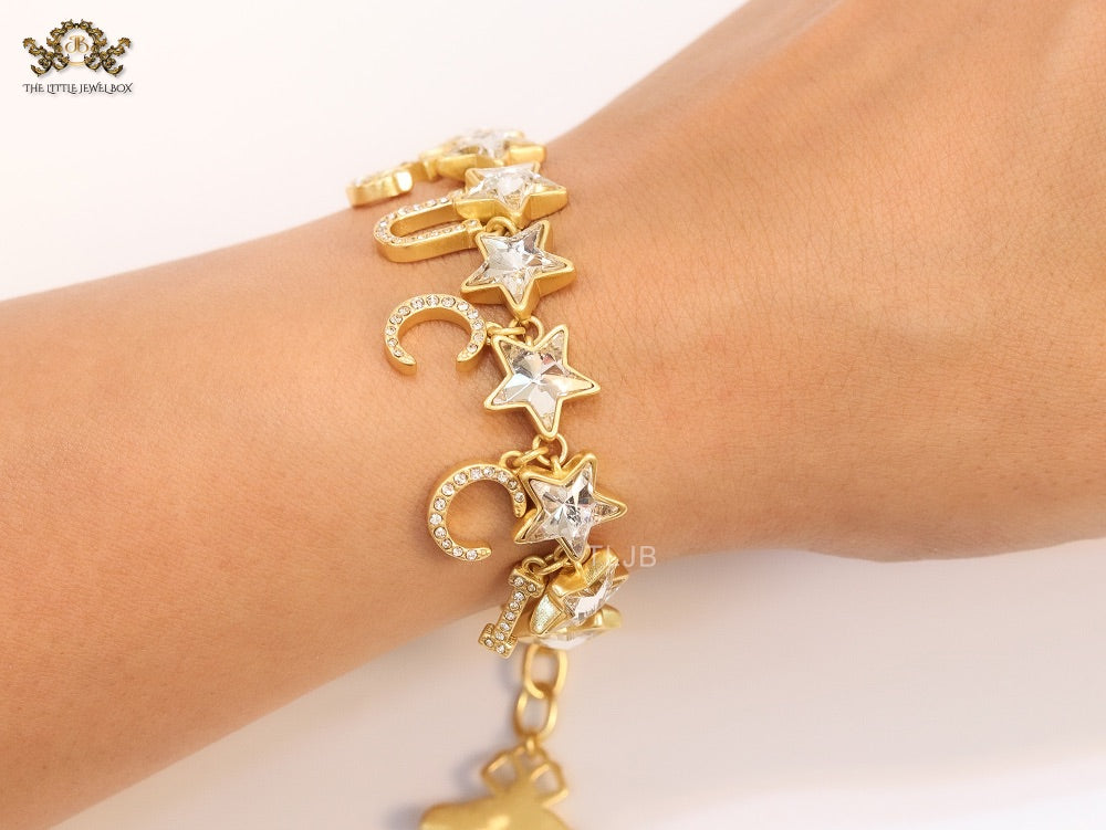 Double G and CZ stars gold charm bracelet
