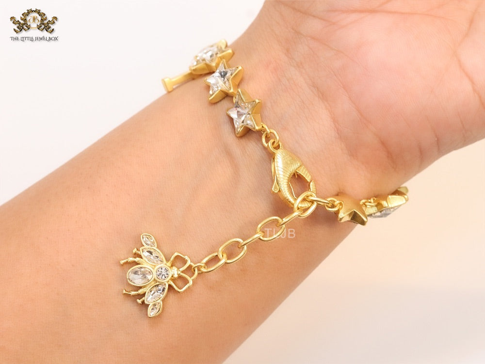 Double G and CZ stars gold charm bracelet