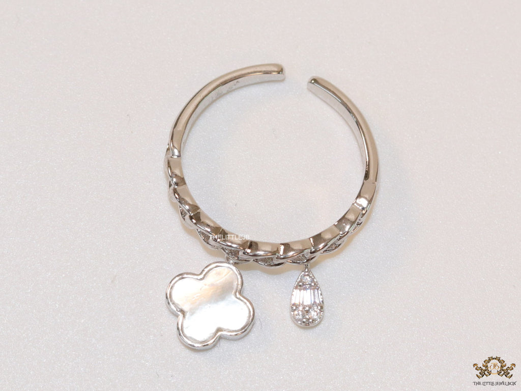 Platinum plated link chain ring with MOP clover and cz drop