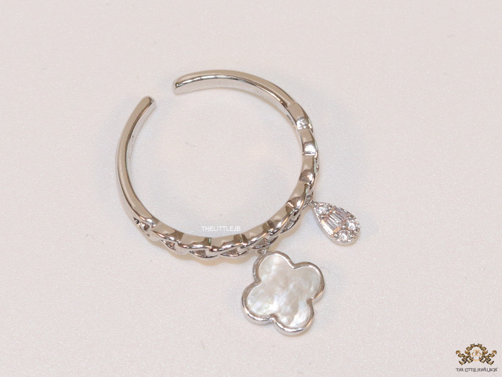 Platinum plated link chain ring with MOP clover and cz drop