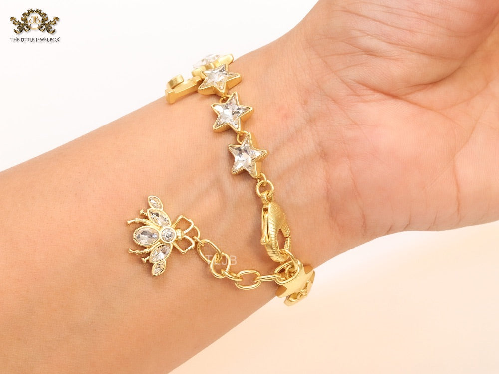 Double G and CZ stars gold charm bracelet