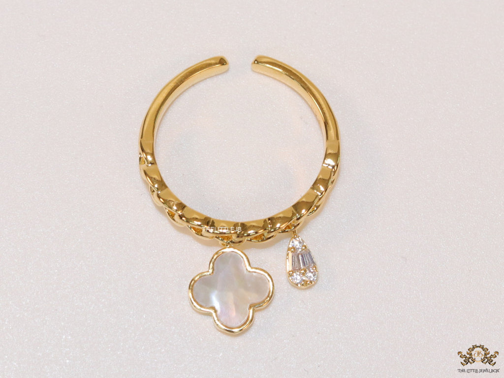 Gold plated link chain ring with MOP clover and cz drop