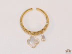 Gold plated link chain ring with MOP clover and cz drop
