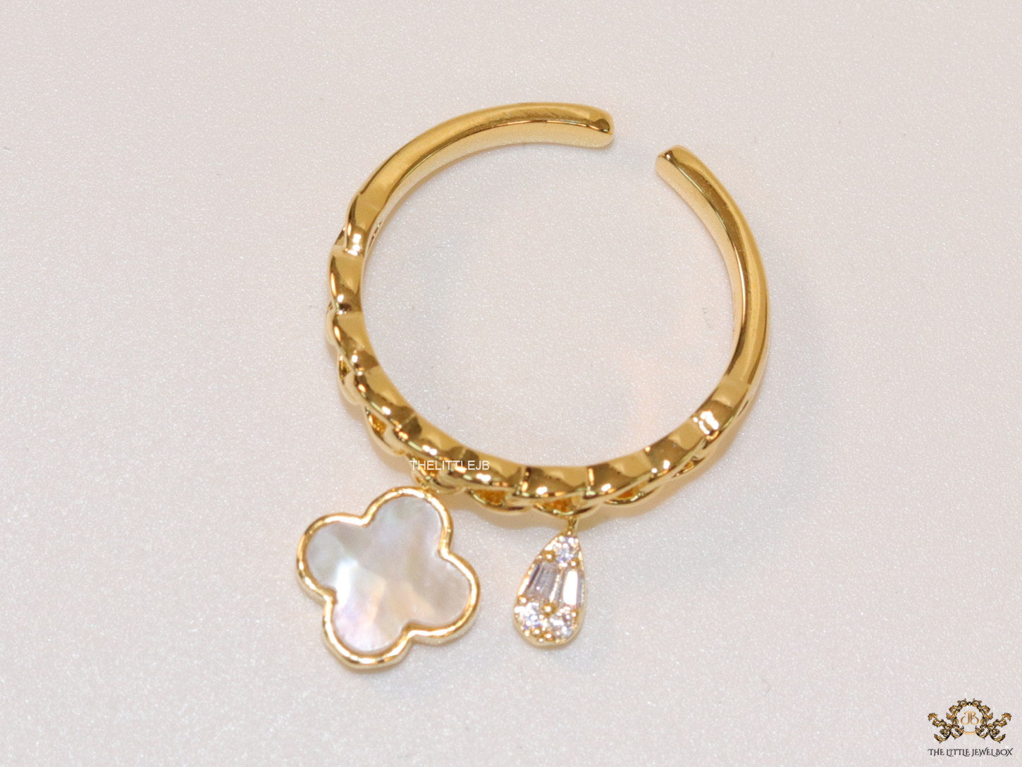 Gold plated link chain ring with MOP clover and cz drop