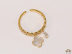 Gold plated link chain ring with MOP clover and cz drop