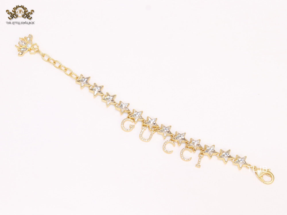 Double G and CZ stars gold charm bracelet