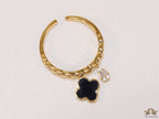 Gold plated link chain ring with black clover and cz drop