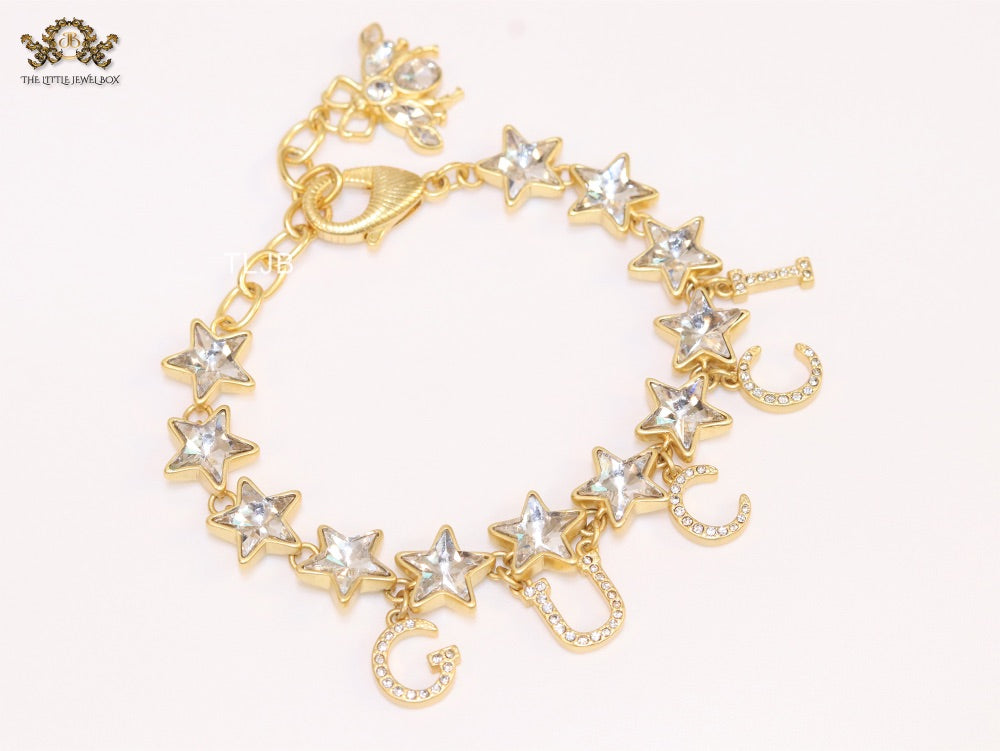 Double G and CZ stars gold charm bracelet