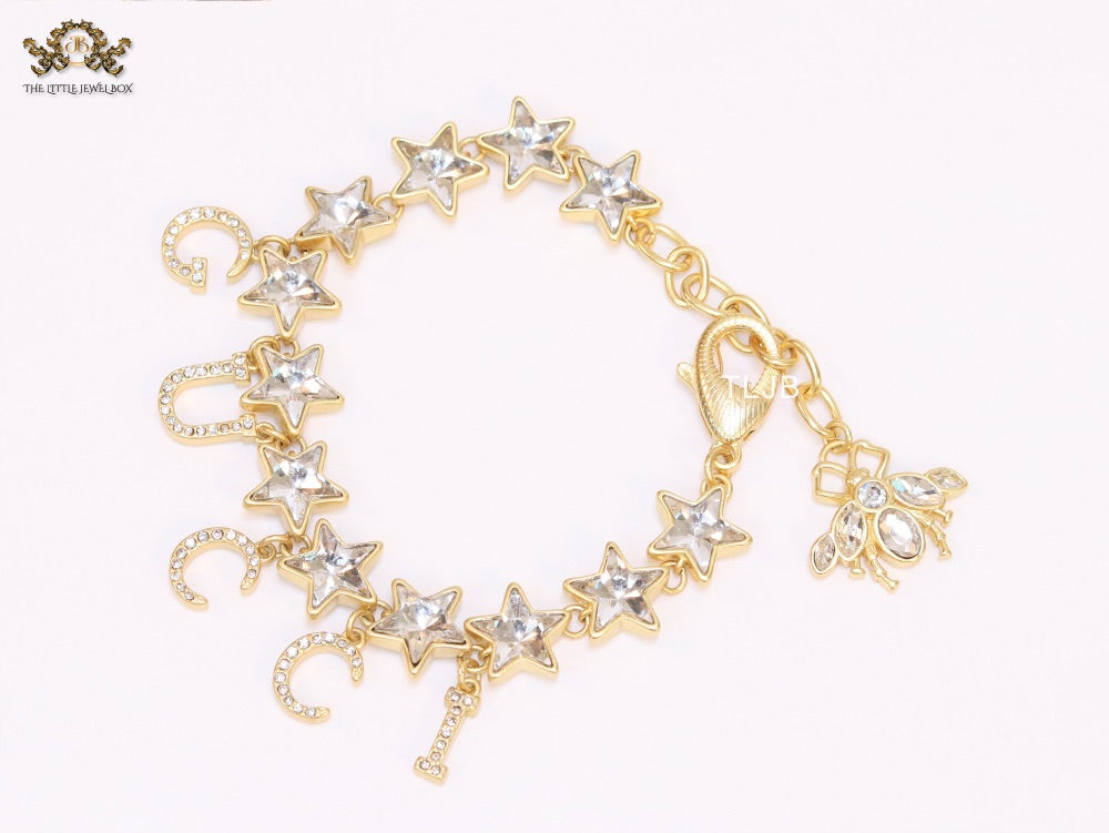 Double G and CZ stars gold charm bracelet