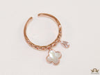 Rose gold plated link chain ring with MOP clover and cz drop