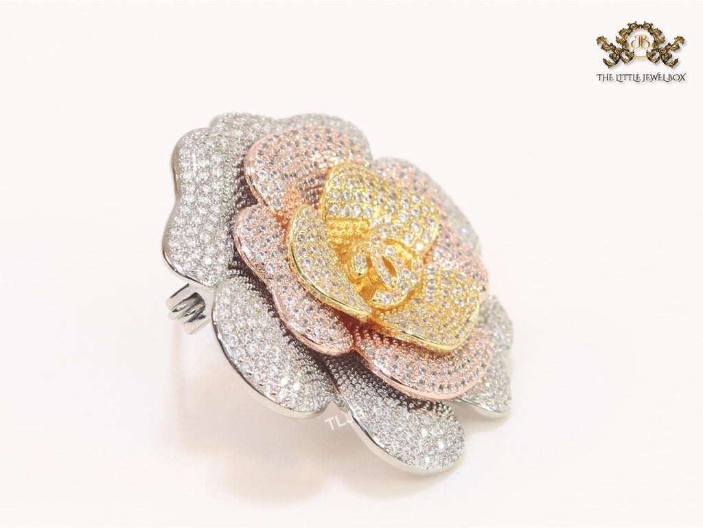 Double C platinum cz brooch with pink coloured details