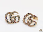 Antique gold plated twin G motif studs with multicoloured enamel