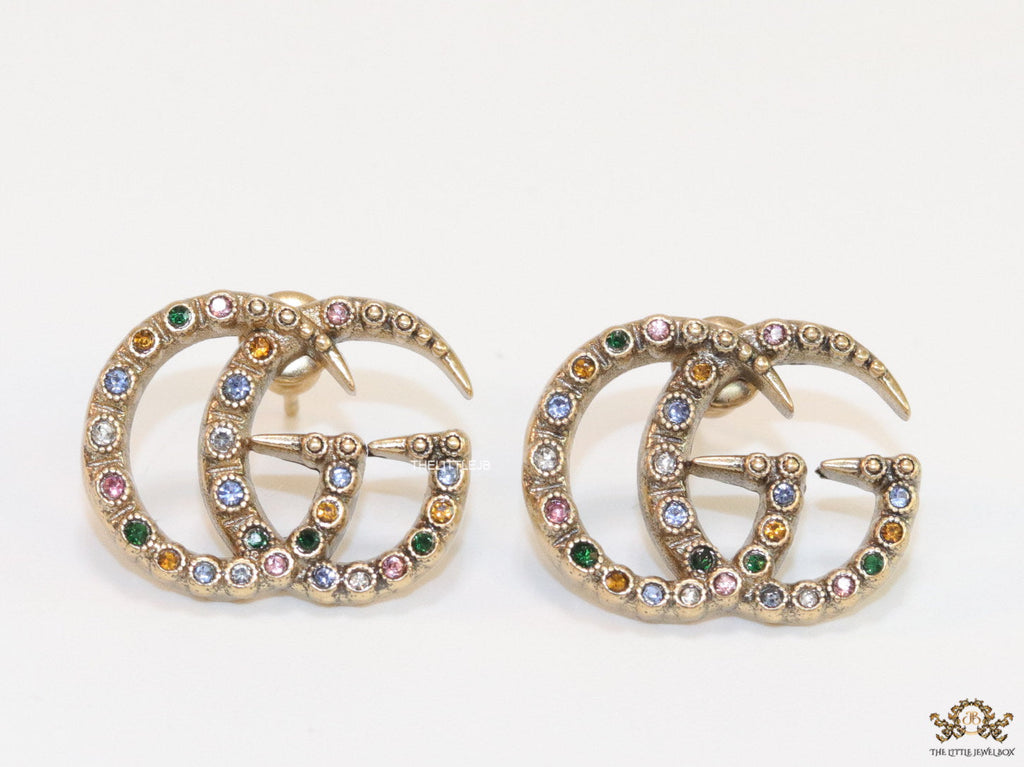 Antique gold plated twin G motif studs with multicoloured stones