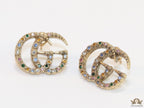 Antique gold plated twin G motif studs with multicoloured stones