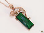 Rose gold plated leopard on green stone pendant necklace with cz