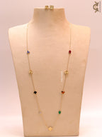 Multi colour clover heart and other shape charms on a sleek long gold plated chain with matching studs
