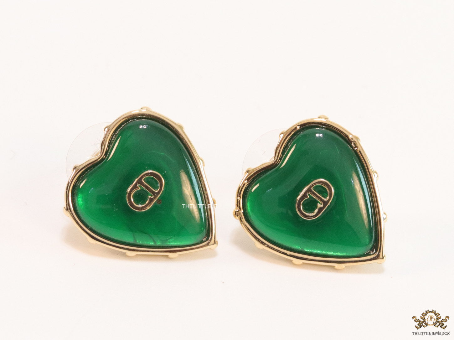 Heart shape green stud earrings with golden alphabets