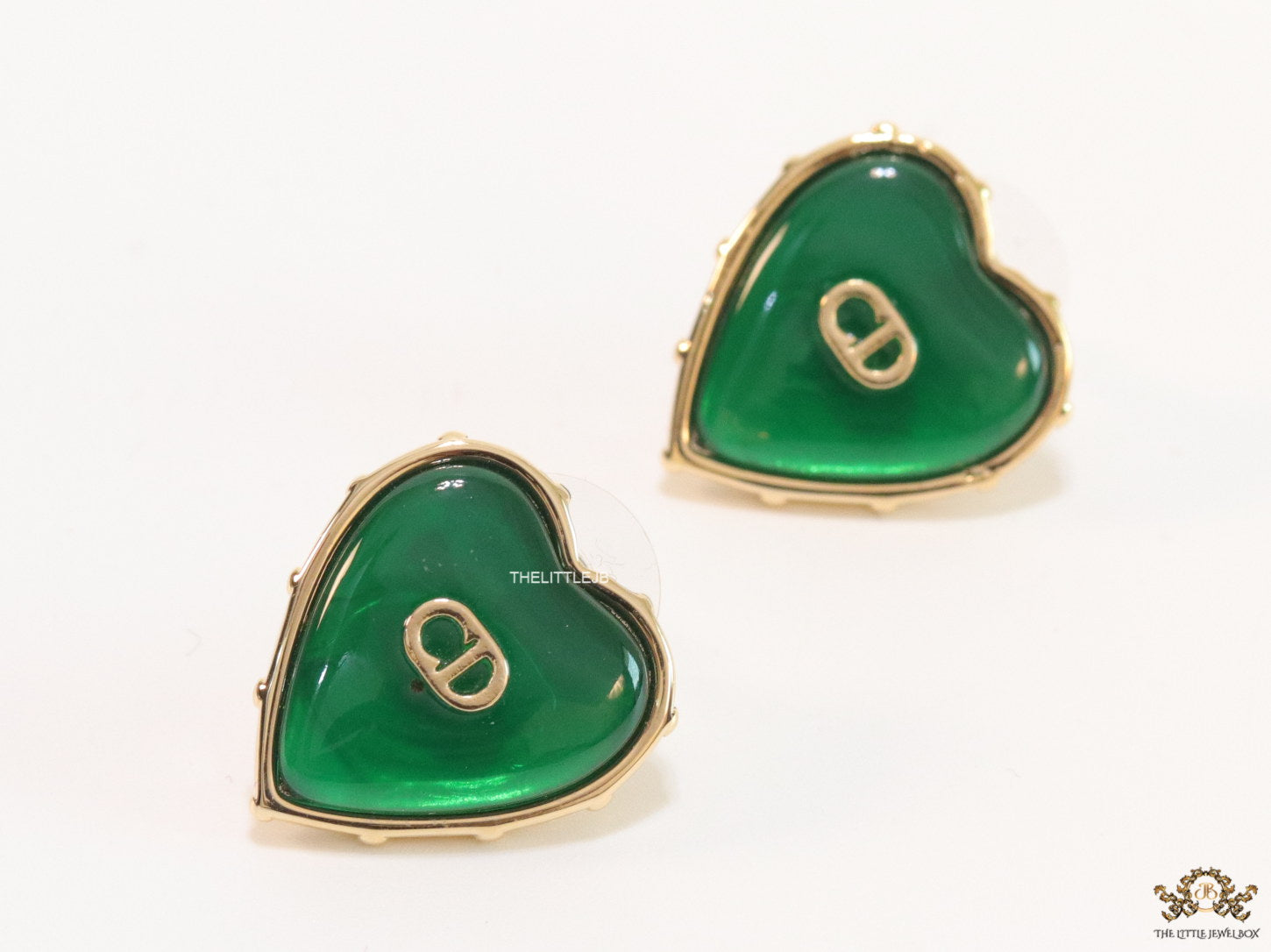 Heart shape green stud earrings with golden alphabets