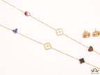 Multi colour clover heart and other shape charms on a sleek long gold plated chain with matching studs