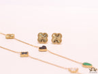 Multi colour clover heart and other shape charms on a sleek long gold plated chain with matching studs