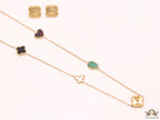 Multi colour clover heart and other shape charms on a sleek long gold plated chain with matching studs