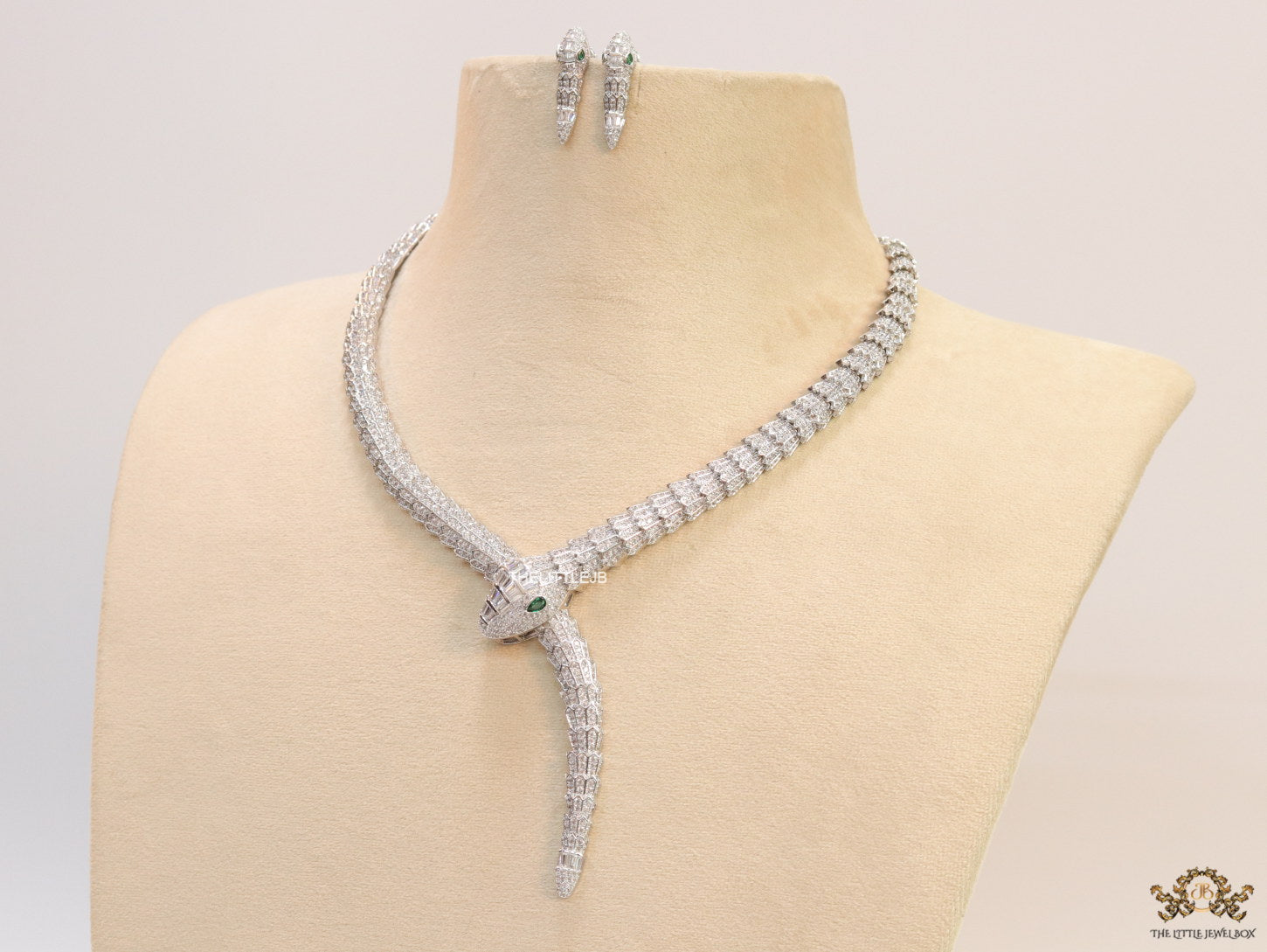 Platinum plated cubic zirconia stones ancient snake symbol necklace with matching studs