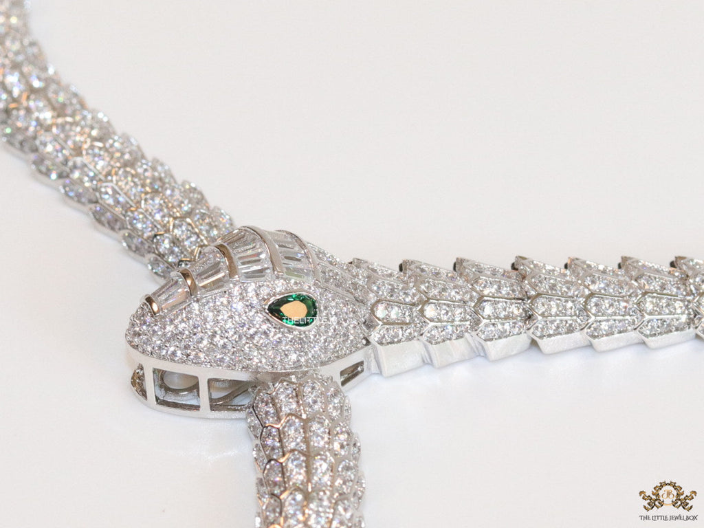 Platinum plated cubic zirconia stones ancient snake symbol necklace with matching studs