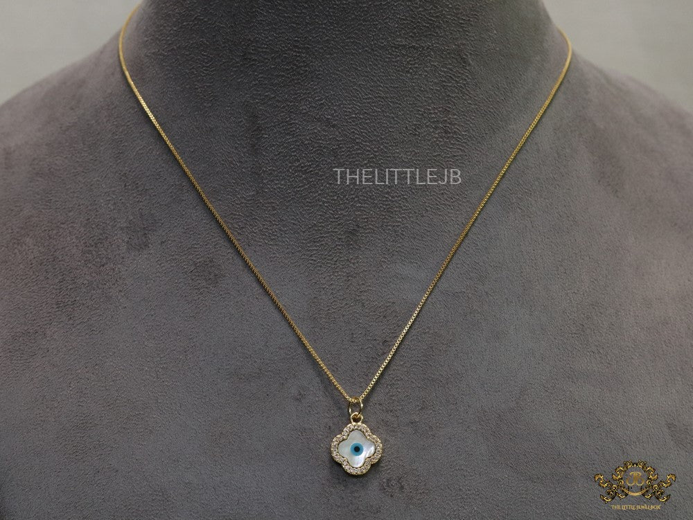 Clover shaped cz evil eye necklace in gold plating
