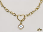 Gold plated link chain necklace with heart shaped lock and evil eye clover pendant
