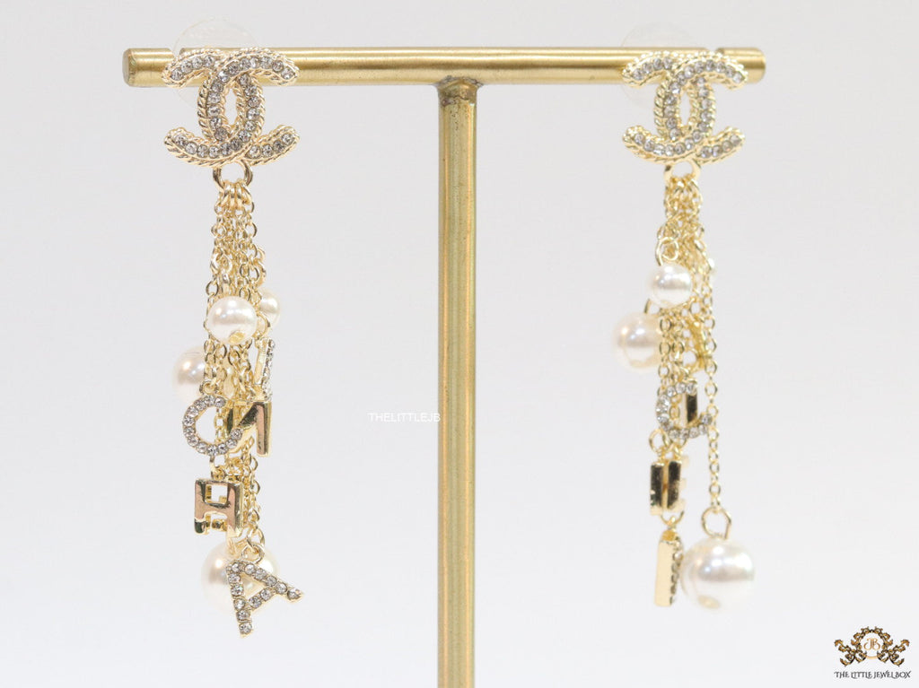 Twin C cz tops with chain alphabet and pearl drops