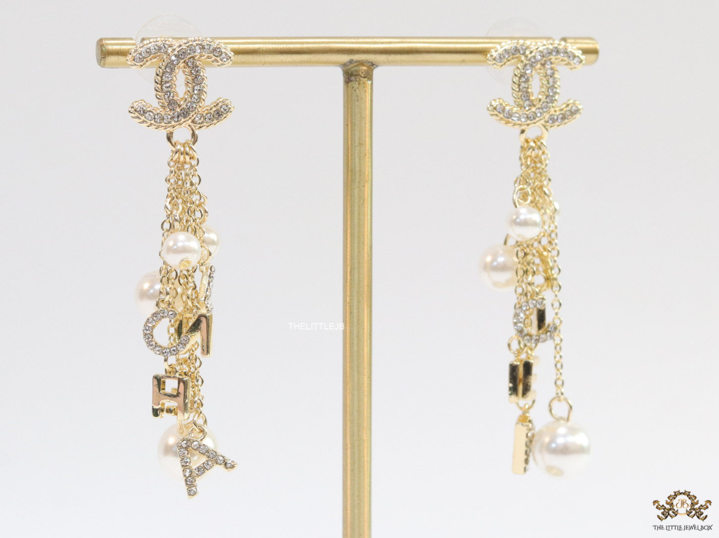 Twin C cz tops with chain alphabet and pearl drops