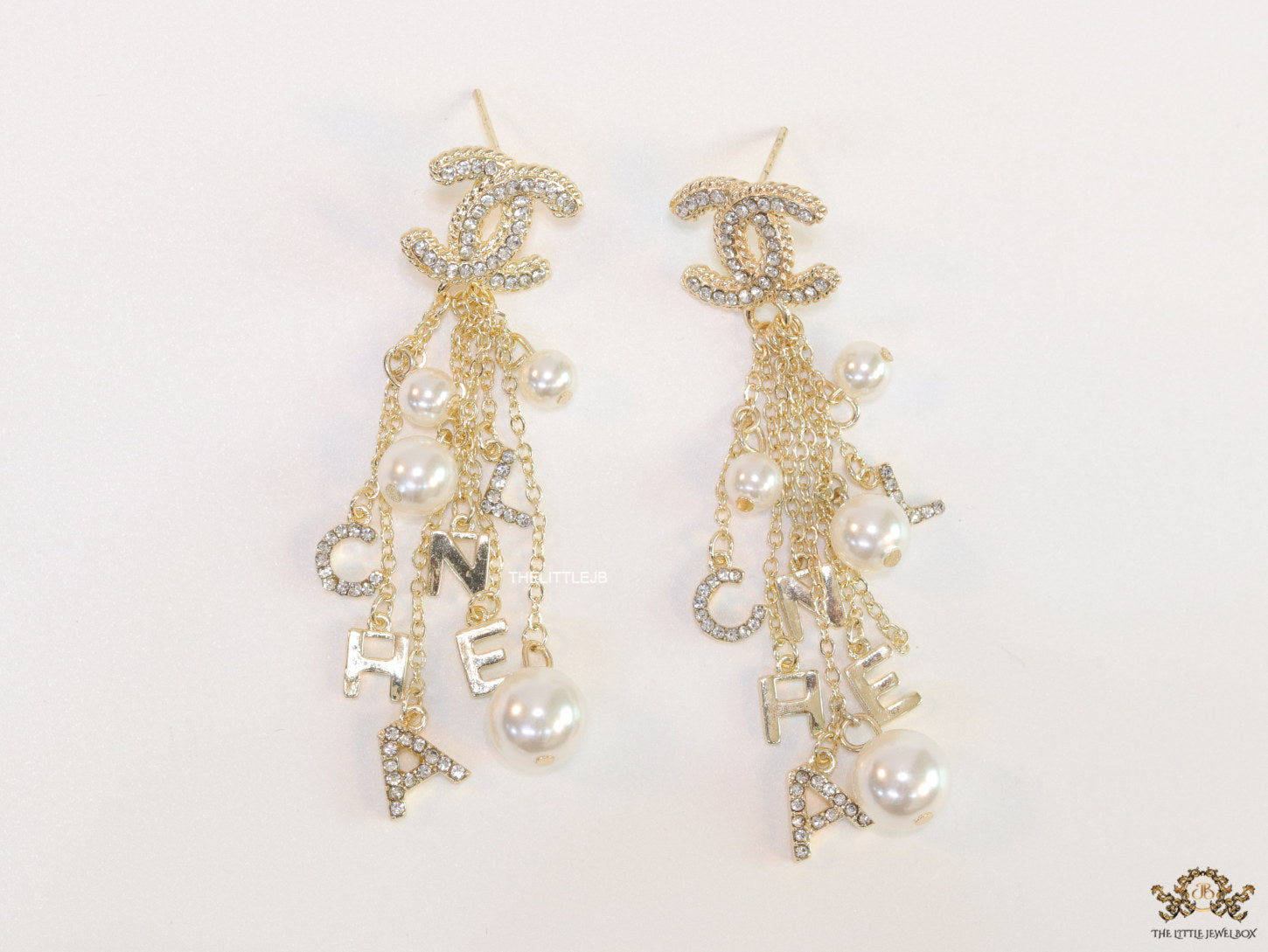 Twin C cz tops with chain alphabet and pearl drops