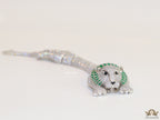 Platinum plated unique panther bracelet with cz and emerald green stones