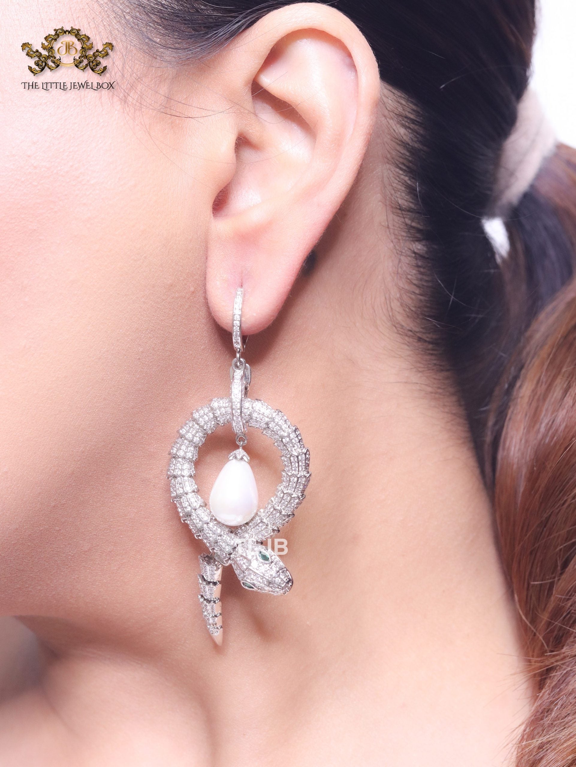 Patinum snake & pearl statement earrings